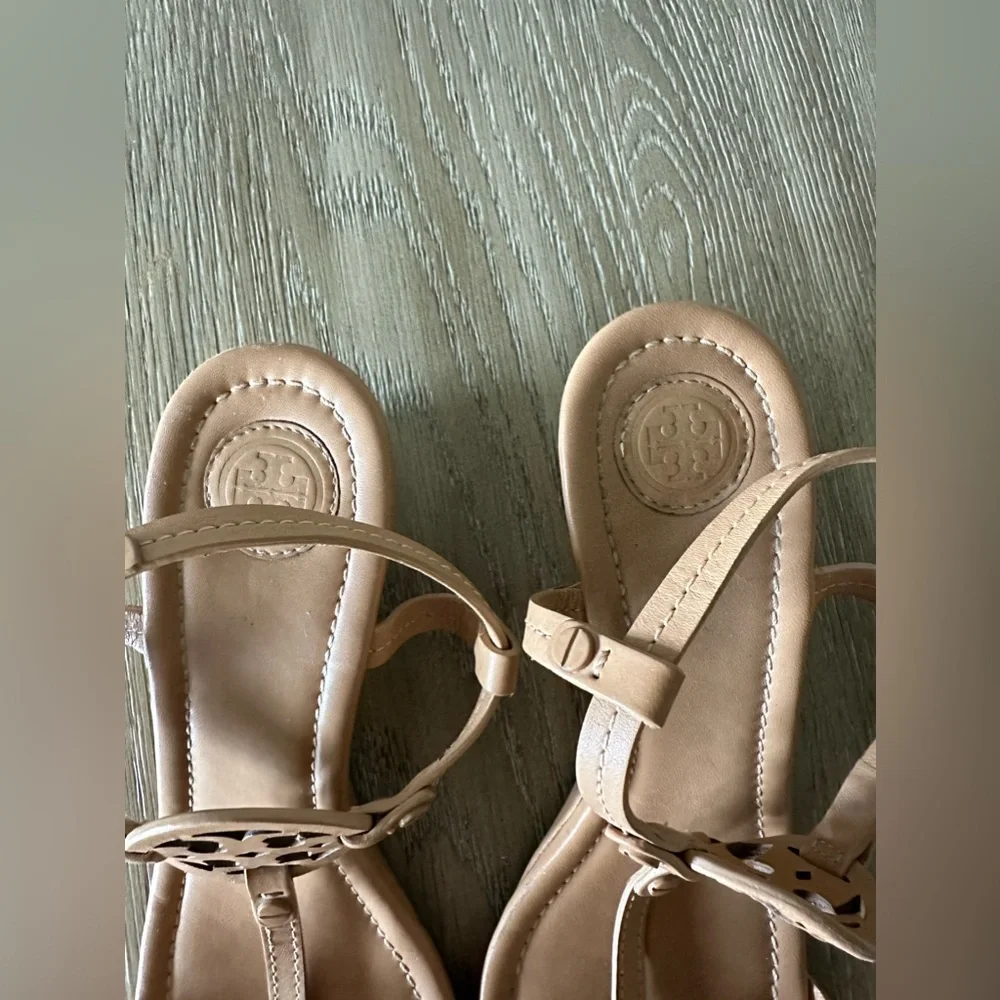 Tory Burch Tan Leather Logo Wedge Sandals - Picture 6 of 8